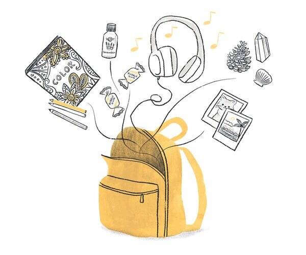 An illustration of a backpack and all of the things a young person might add to a self-soothing kit, including art-making supplies, candy, a music player, favorite photos, and more.