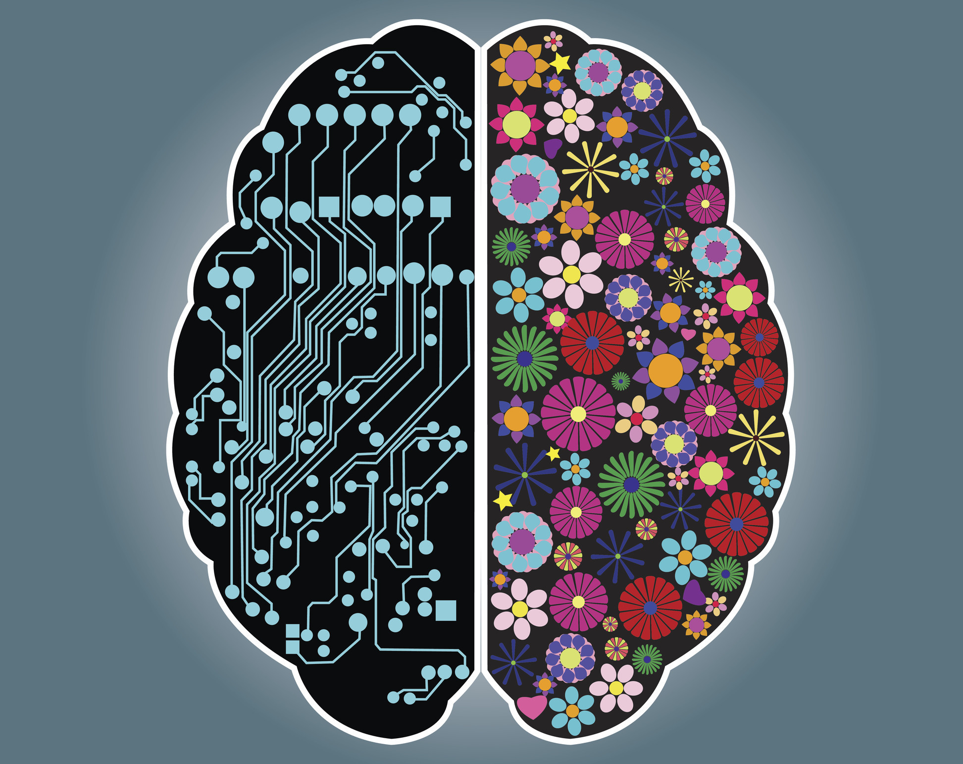 An image of a brain with flowers on the right side and wires on the left.