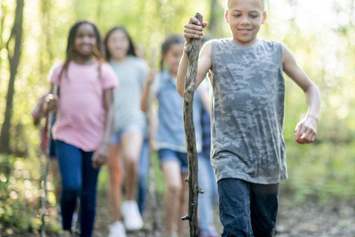 Un garçon et trois filles marchant dans les bois avec des bâtons de randonnée ;  les arbres flous sont vert feuillu, suggérant l'été