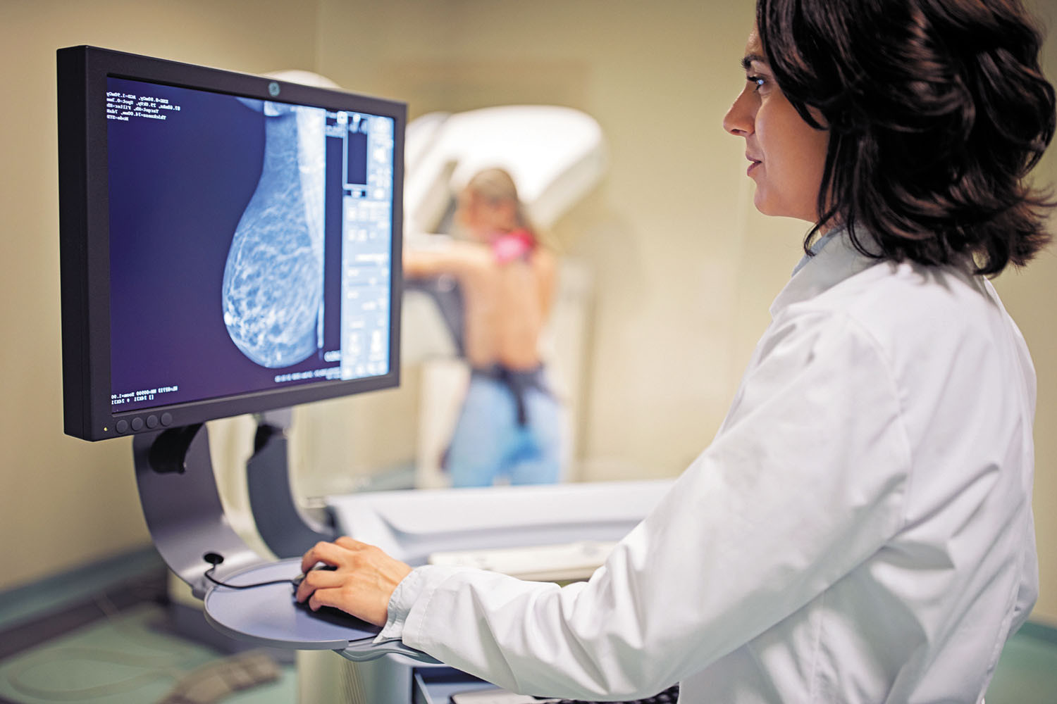 photo d'un technicien médical regardant une mammographie sur un écran d'ordinateur ;  en arrière-plan, floue, on peut voir la femme examinée dos à la caméra