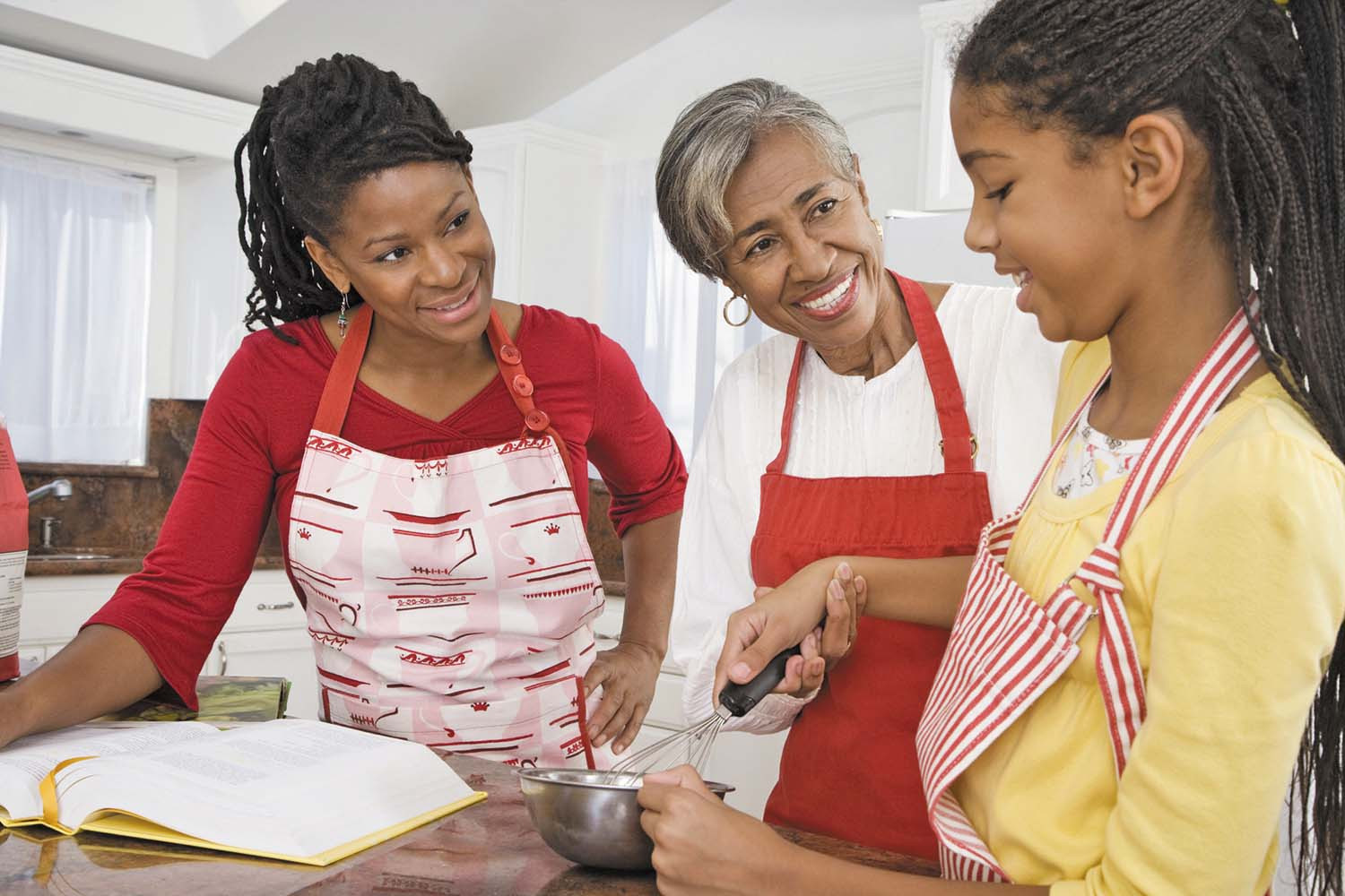 photo of three generations of women in a family cooking together