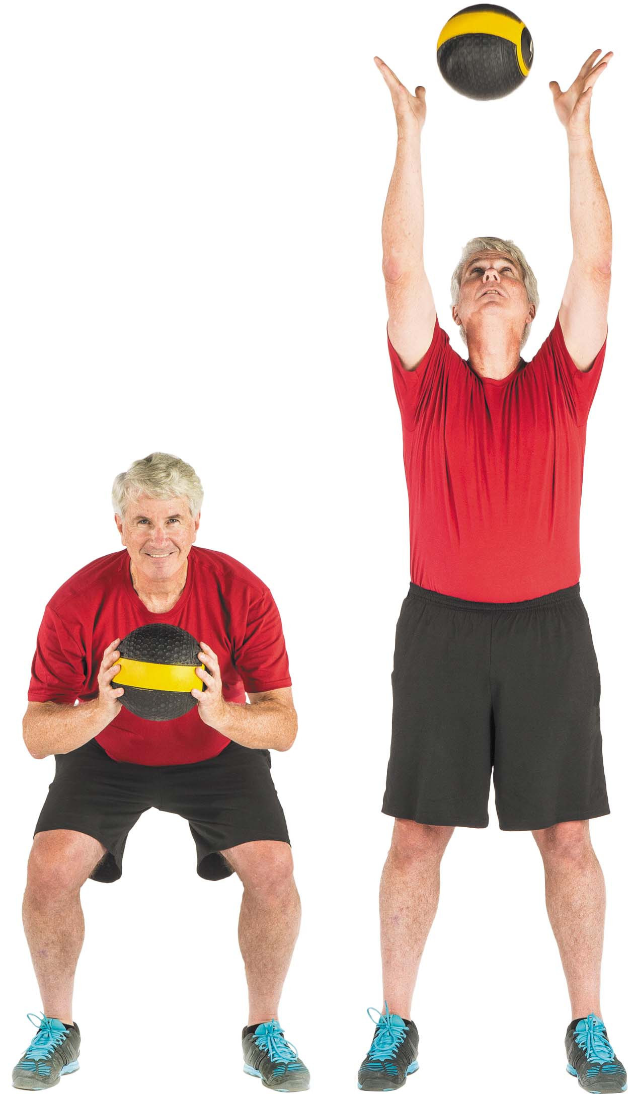 photo of a man doing both parts of the squat and overhead toss exercise as described in the article