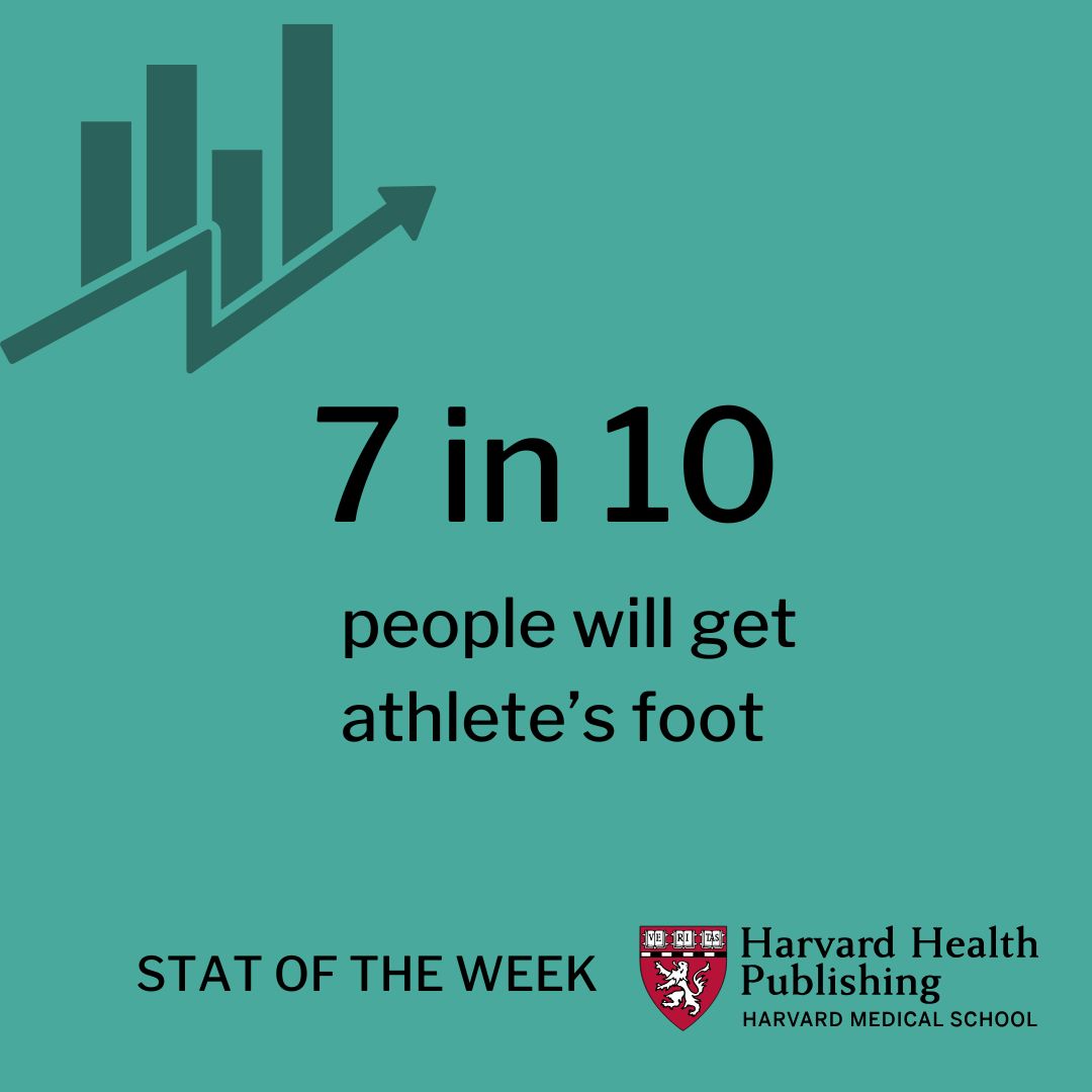 A teal square with the words 7 in 10 people will get athlete's foot, plus Stat of the Week and the Harvard Health Publishing logo