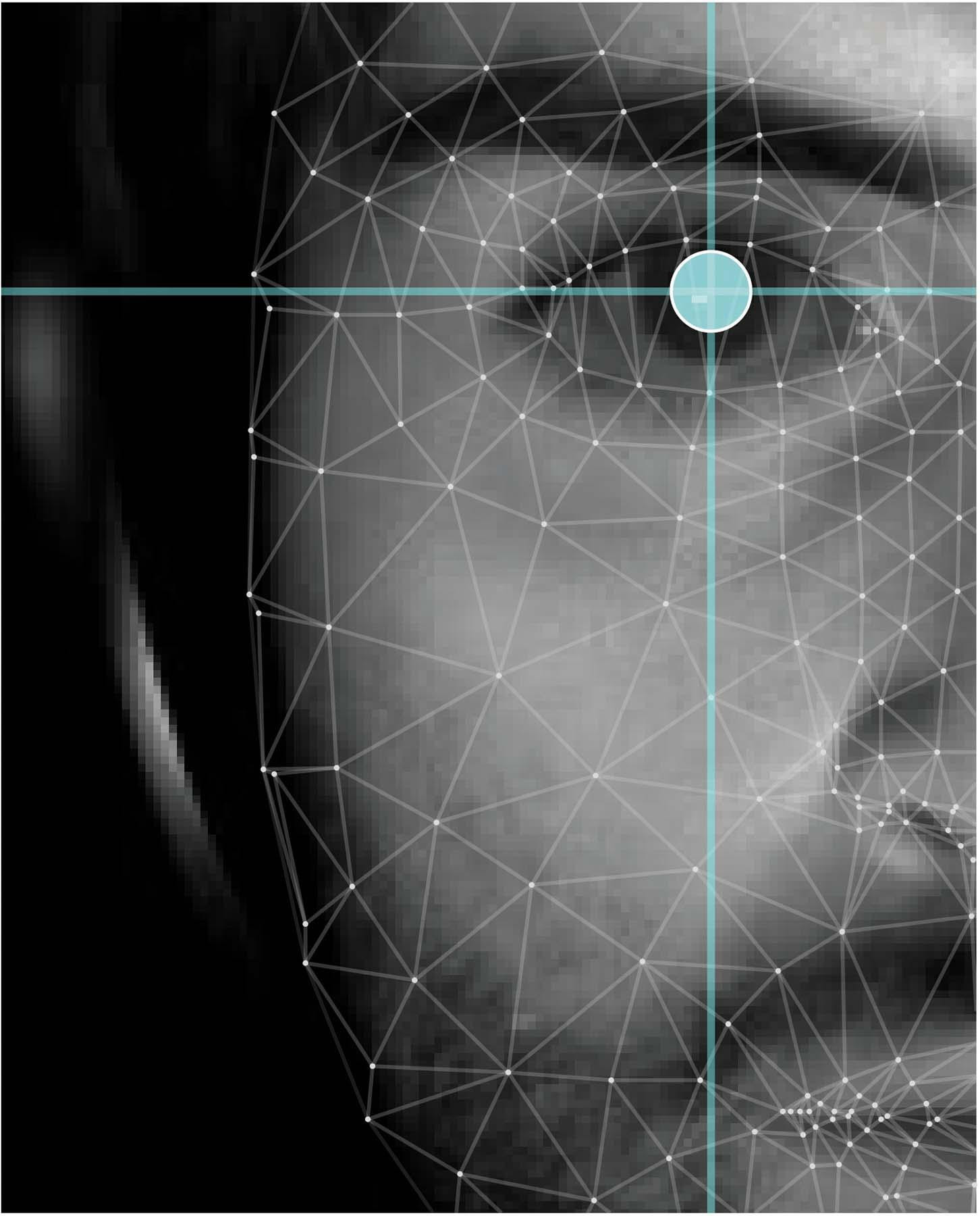 Black and white close-up of a man's face with cross-hairs centered on the eye, representing a pupil scan to help diagnose tinnitus.