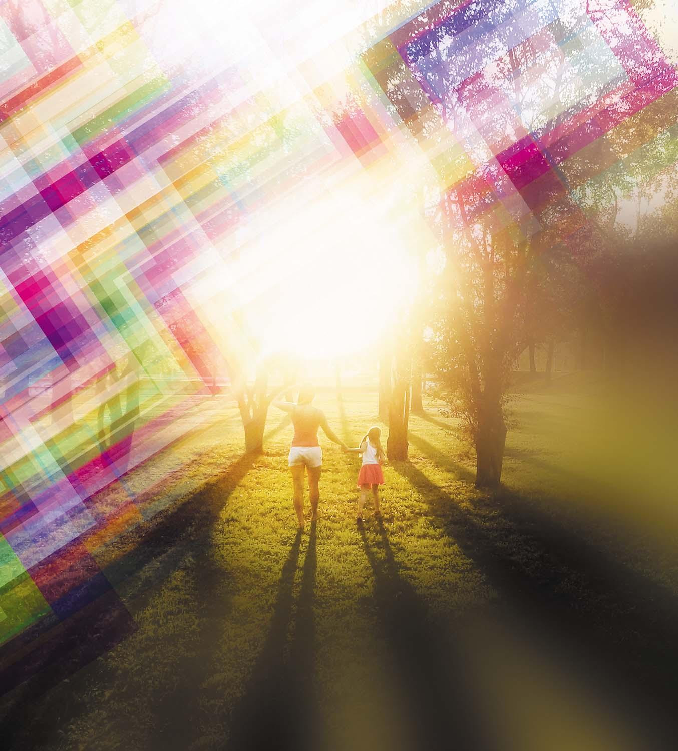 Point-of-view image of a person experiencing a migraine, with shimmering light and colors.