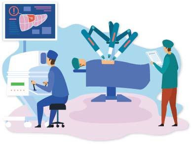 Illustration of robotic surgery being performed, with a doctor sitting at the controls viweing a screen.