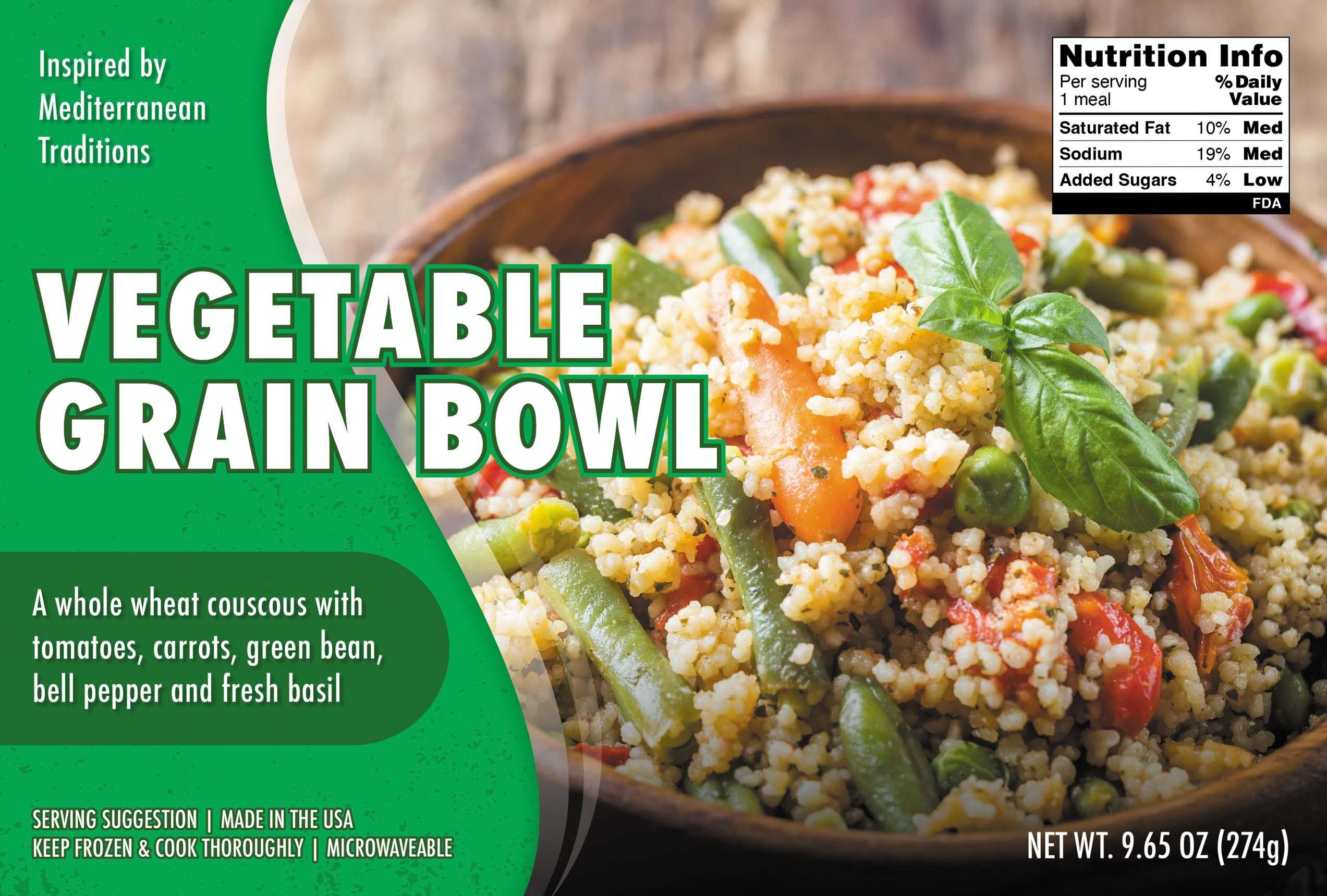 A boxed package of a single-serve vegetable grain bowl meal.