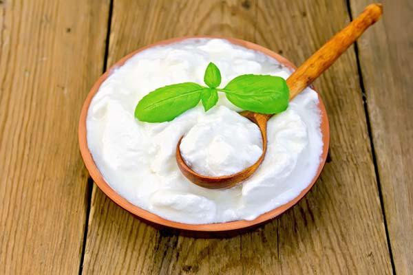 A serving of yogurt in a wood bowl with a wood spoon in it, with a mint leaf placed on top.