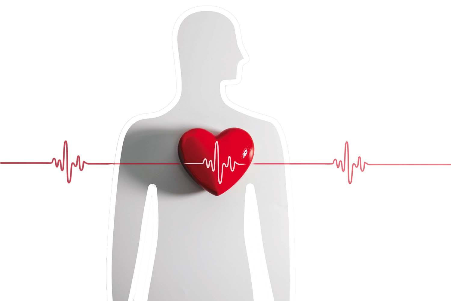 Illustration of a human silhouette in gray, with a red heart and an EKG reading superimposed over it.