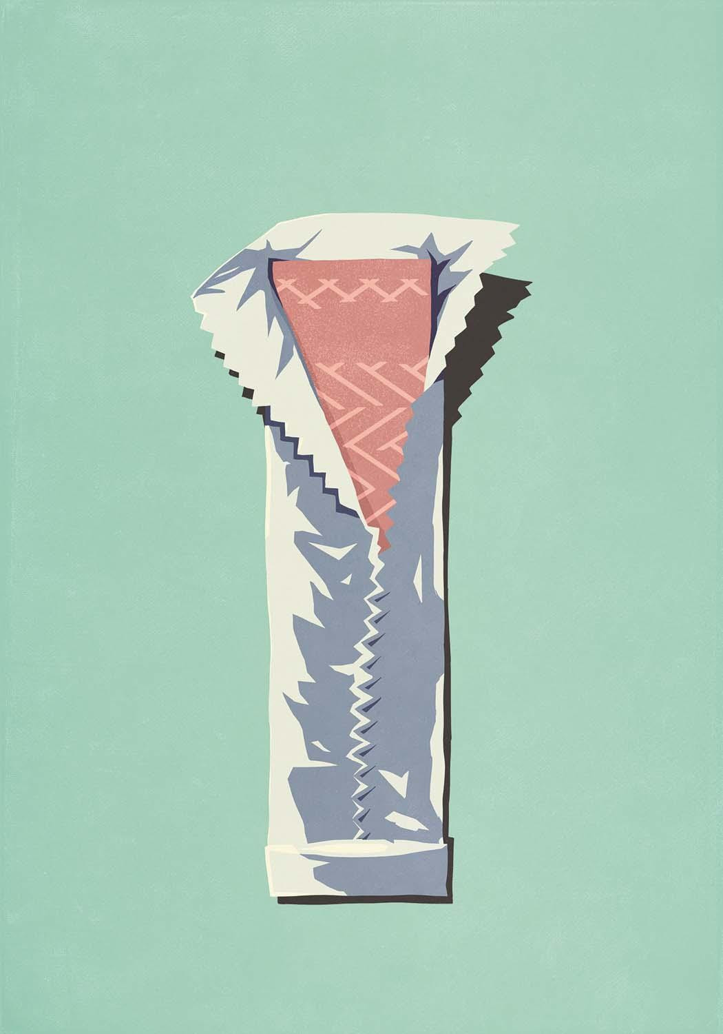 Illustration of a stick of chewing gum partially unwrapped from its foil covering.