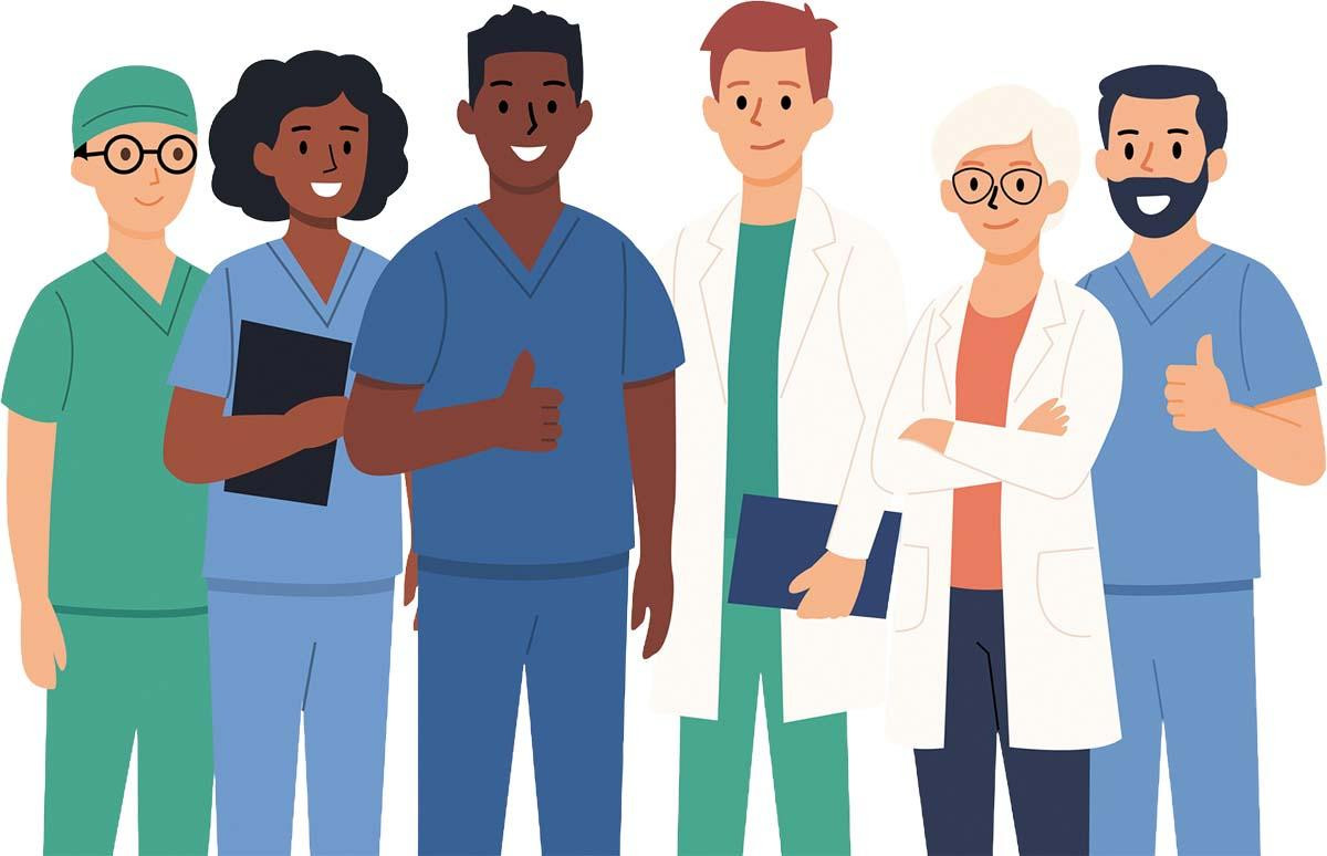 Illustration of a group of six medical professionals, a mixture of male and female of different races and ages.