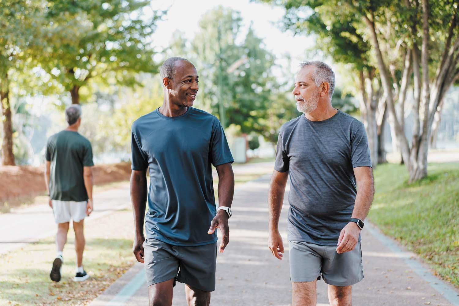 Two mature men talking while walking on a paved track in a park.