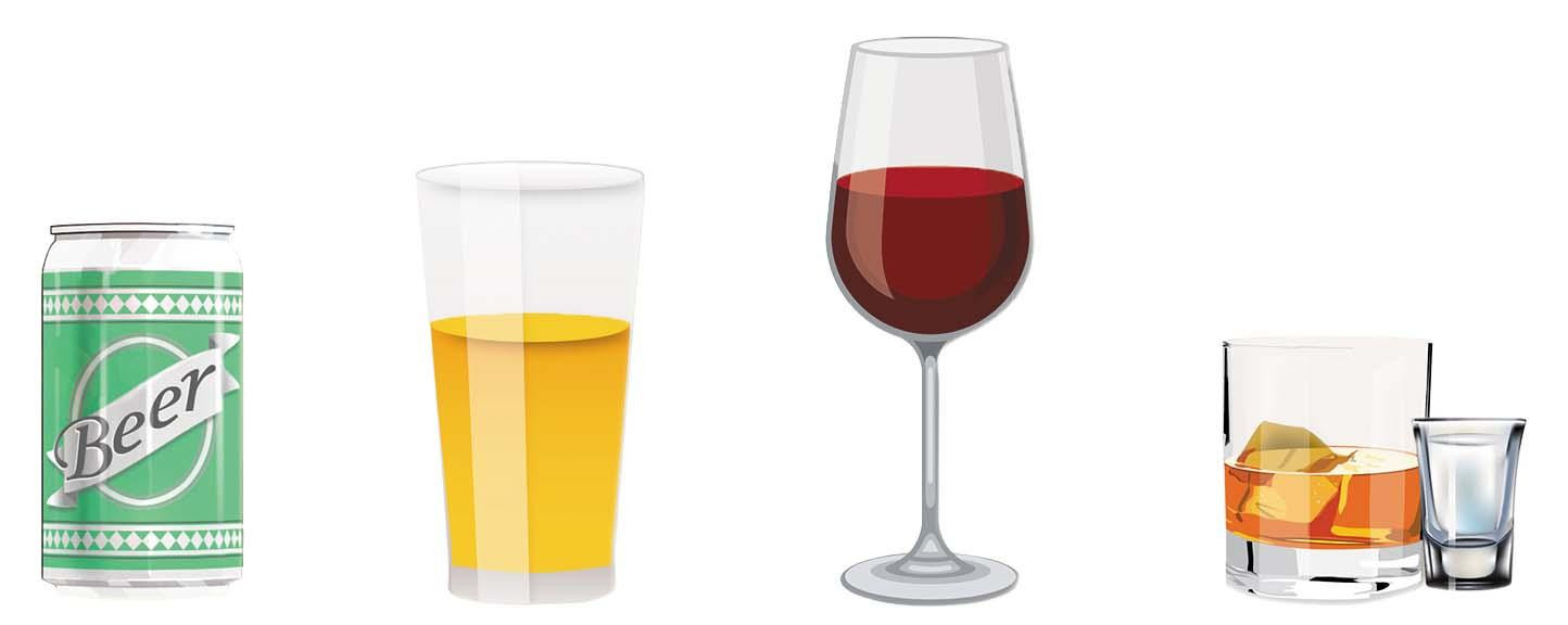Illustration of standard sizes of various types of alcoholic drinks: a can of beer, a glass of malt liquor, a glass of red wine, and brown liquor over ice.