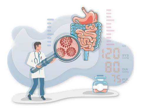 Illustration of a man in a lab coat holding a magnifying glass in front of a digestive tract, with blood pressure numbers to the right side of it.