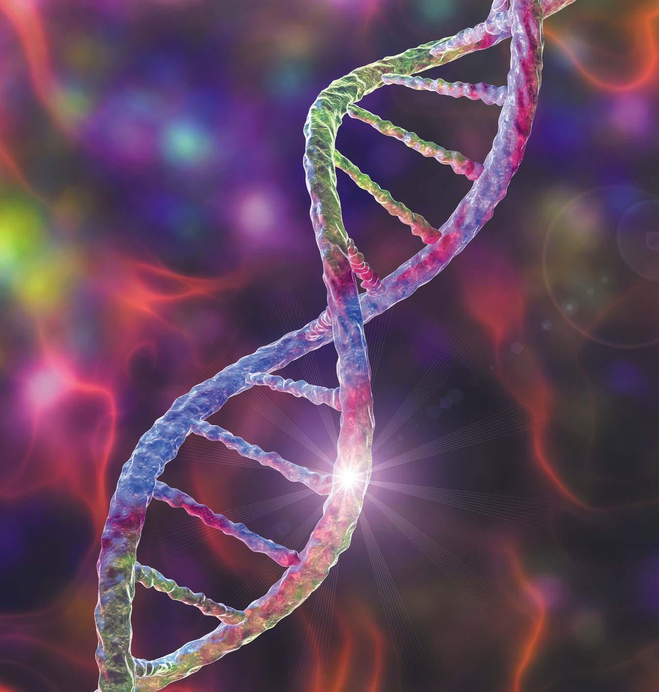 Concept illustration of a strand of DNA against a dark, multicolored background.