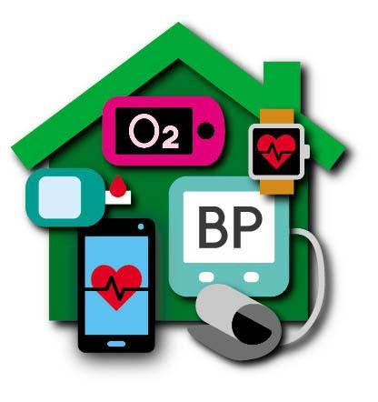 Illustration of a house with health tracking devices superimposed on it: a blood pressure cuff, blood glucose meter, pulse oxygen meter, smart watch showing an EKG reading, and a smartphone with a read heart on the screen.