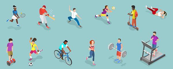 Illustrations of people doing many types of exercise and physical activity, including tennis, tai chi, running, weight lifting, bicycling, and soccer.