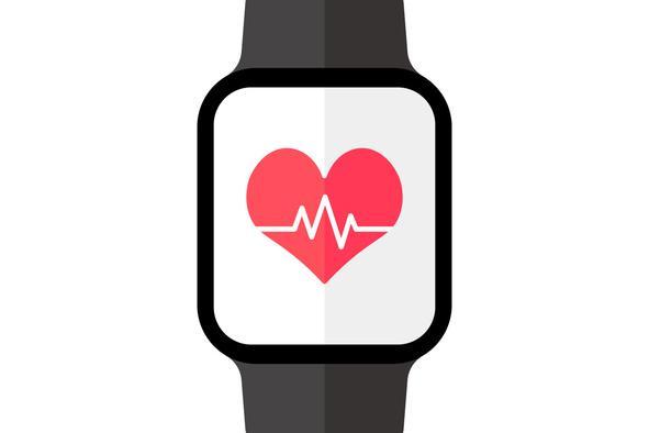 Illustration of a smart watch with a red heart on the face with an angled line similar to an EKG reading.