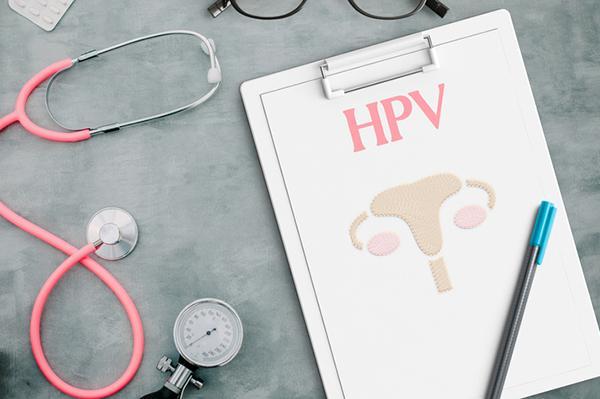 A clipboard on a desk next to a stethoscope and glasses, showing an illustration of the female reproductive system, with HPV at the top of the page.