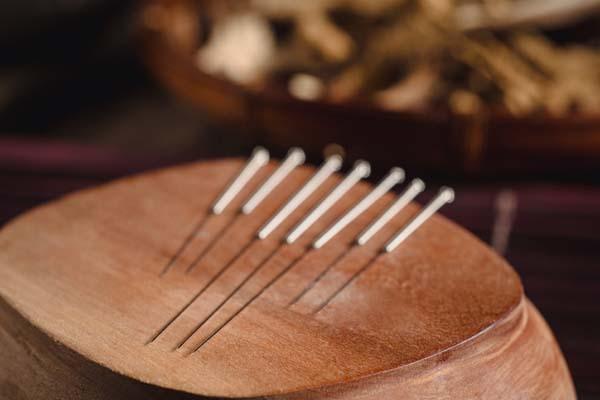 Seven acupuncture needles are lined up in a row on a wood block.