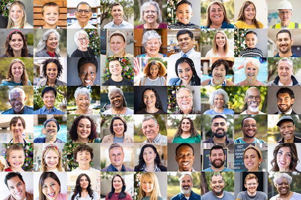 A grid of small images of a diverse range of people, all smiling or looking happy.