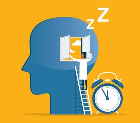 Illustration of a head with a window on the side; a doctor has climbed a ladder to look into the window, and there is an alarm clock next to the head (concept is brain health from adeuate sleep).