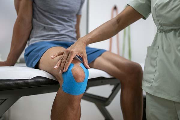 A physical therapist treating the knee of a patient who has blue kinesiology tape surrounding one knee.