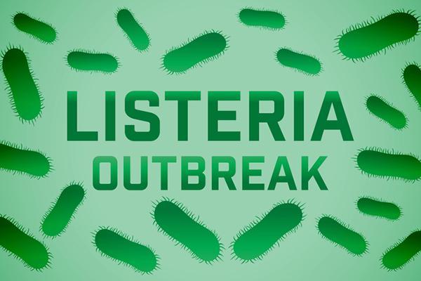 Illustration of stylized germ cells surrounding the words listeria outbreak, all in darker green on a ligher green background.
