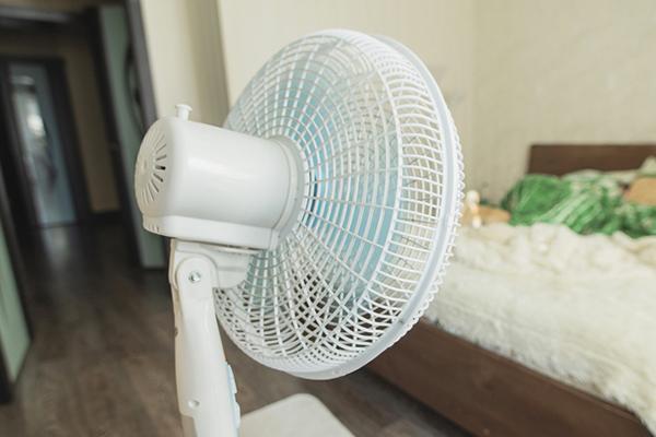 Close-up of a fan aimed at a bed in the background.