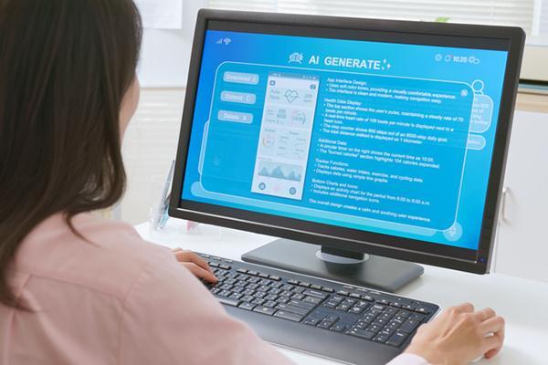 View from over the shoulder of a young woman using a generative AI tool to generate an interface for a mobile health app.