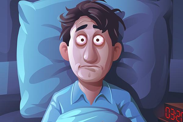 Cartoon illustration of a young man unable to sleep; his eyes are red and he looks worried; in the lower right corner a digital clock reads 3:20 AM.
