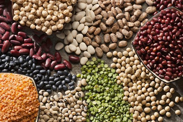 A close-up of piles of assorted kinds of legumes (kidney beans, black beans, lentils, chickpeas, black-eyed peas, and more) on a table and in glass dishes.
