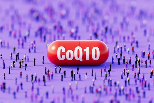 Illustration of a large red pill labeled CoQ10 surrounded by tiny human figures, all on a purple background.
