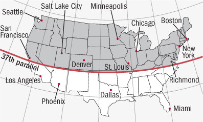 Map of the US showing the 37th parallel